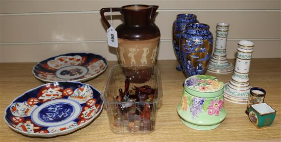 Mixed ceramics, 2 Imari plates and Oriental instruments